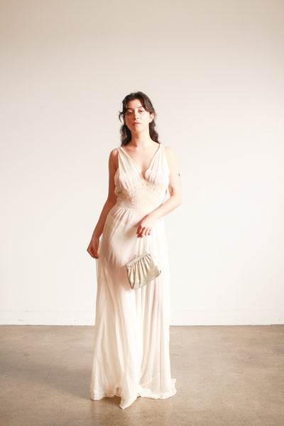 1930s Cream Sheer Silk Embroidered Nightgown