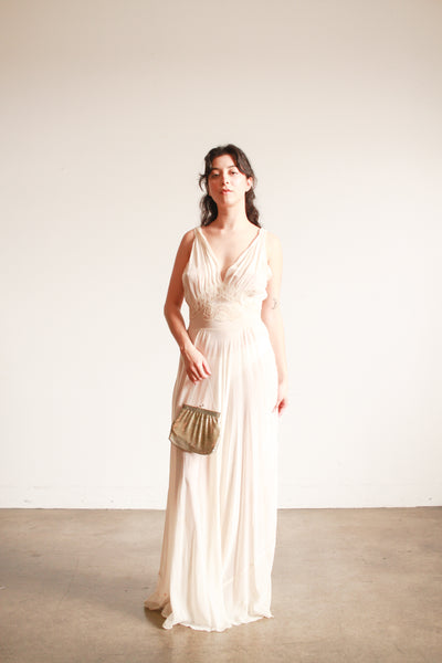 1930s Cream Sheer Silk Embroidered Nightgown