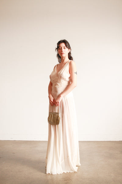1930s Cream Sheer Silk Embroidered Nightgown