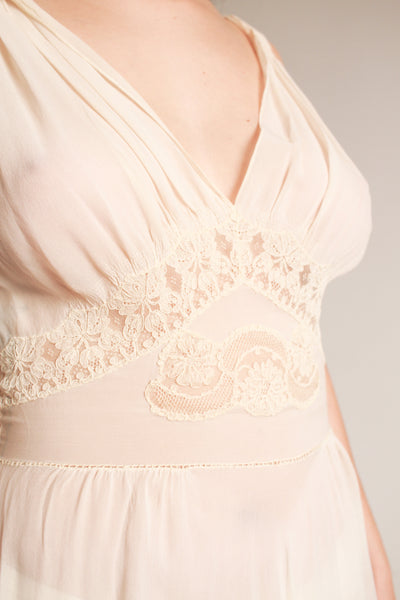 1930s Cream Sheer Silk Embroidered Nightgown