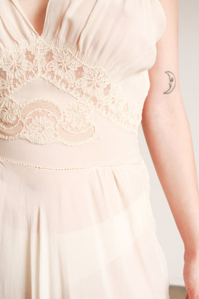 1930s Cream Sheer Silk Embroidered Nightgown