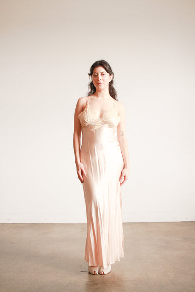 1990s Blush Pink Silk Lace Bias Dress