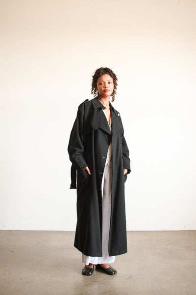 1980s Oversized Black Felt Wool Trench Coat