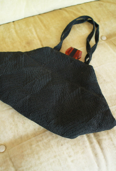 1930s Black Woven Embroidered Geometric Purse