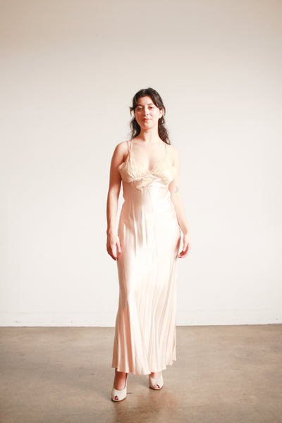 1990s Blush Pink Silk Lace Bias Dress