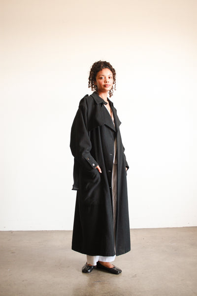 1980s Oversized Black Felt Wool Trench Coat