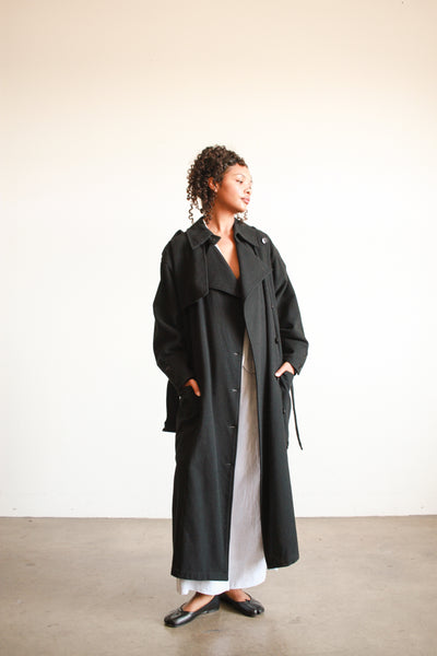 1980s Oversized Black Felt Wool Trench Coat