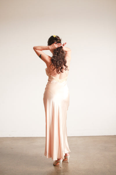 1990s Blush Pink Silk Lace Bias Dress