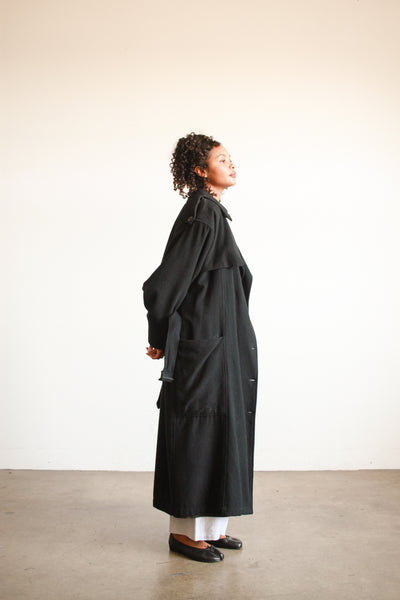 1980s Oversized Black Felt Wool Trench Coat