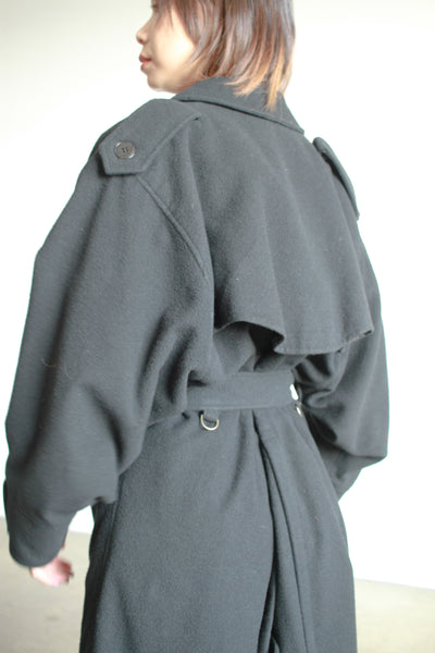1980s French Black Felt Wool Trench Coat