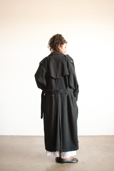 1980s Oversized Black Felt Wool Trench Coat