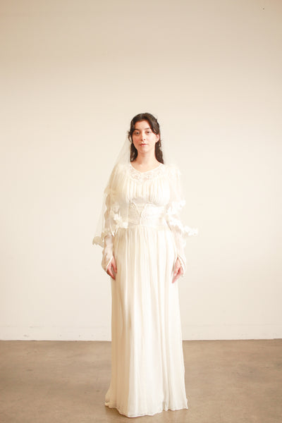 1940s White Sheer Rayon Lace Long Sleeve Dress