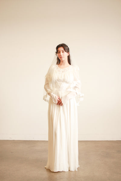 1940s White Sheer Rayon Lace Long Sleeve Dress