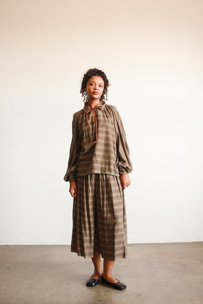 1970s Geoffrey Beene Striped Olive Wool Skirt Set