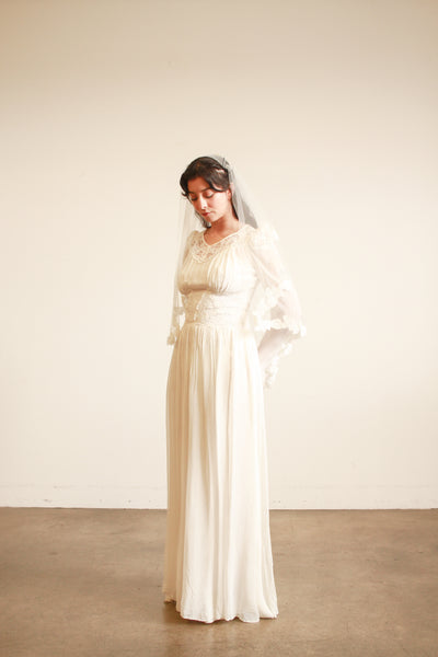 1940s White Sheer Rayon Lace Long Sleeve Dress