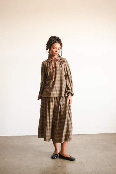 1970s Geoffrey Beene Striped Olive Wool Skirt Set