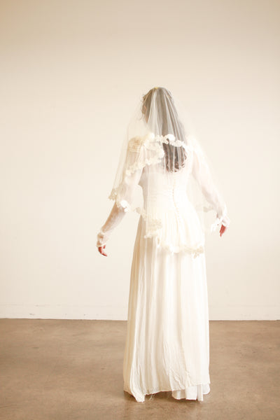 1940s White Sheer Rayon Lace Long Sleeve Dress