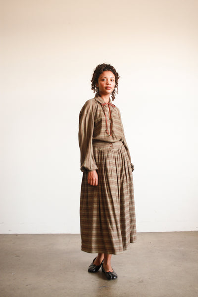 1970s Geoffrey Beene Striped Olive Wool Skirt Set