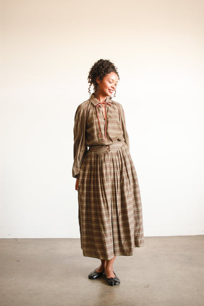 1970s Geoffrey Beene Striped Olive Wool Skirt Set