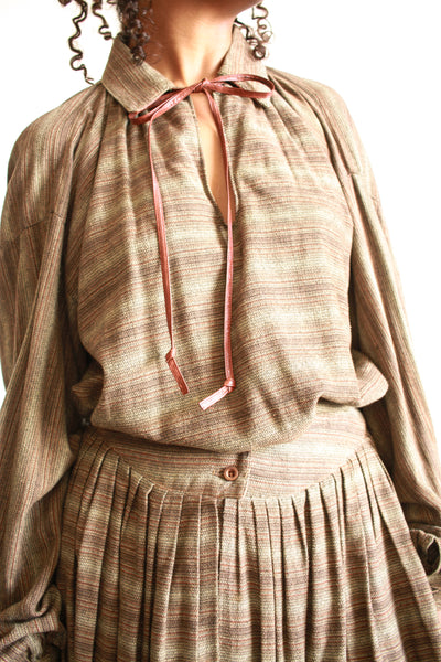 1970s Geoffrey Beene Striped Olive Wool Skirt Set