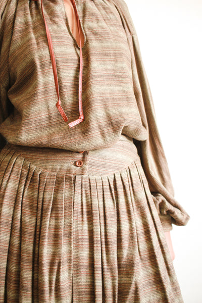 1970s Geoffrey Beene Striped Olive Wool Skirt Set