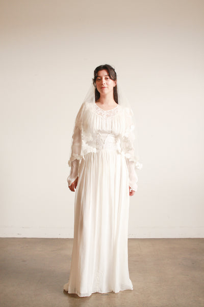 1940s White Sheer Rayon Lace Long Sleeve Dress