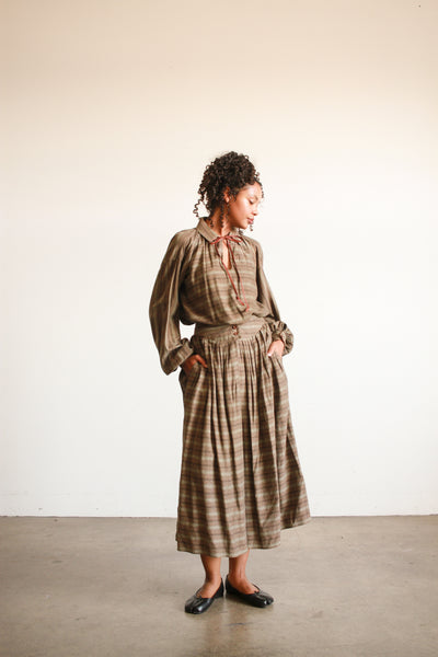 1970s Geoffrey Beene Striped Olive Wool Skirt Set