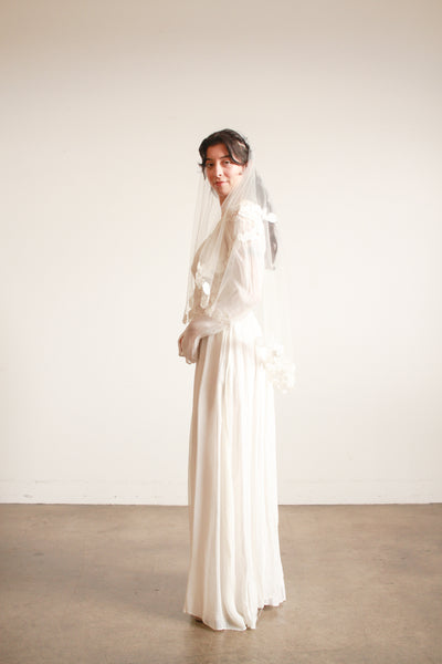 1940s White Sheer Rayon Lace Long Sleeve Dress