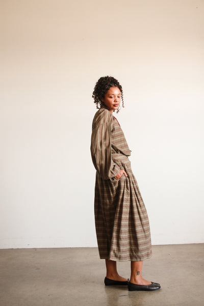 1970s Geoffrey Beene Striped Olive Wool Skirt Set