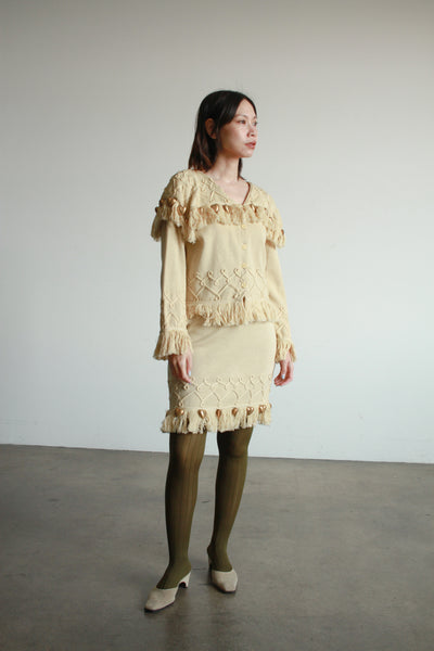 1980s Beige Knit Gold Heart Fringe Skirt Set