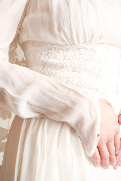 1940s White Sheer Rayon Lace Long Sleeve Dress