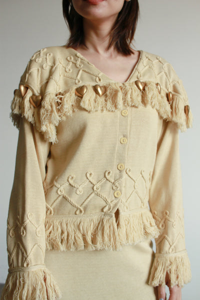 1980s Beige Knit Gold Heart Fringe Skirt Set