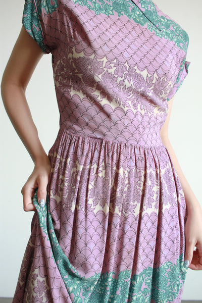 1940s Lilac Floral Tiled Print Rayon Dress
