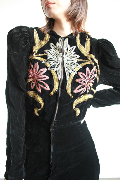 1930s Silk Velvet Embellished Gown