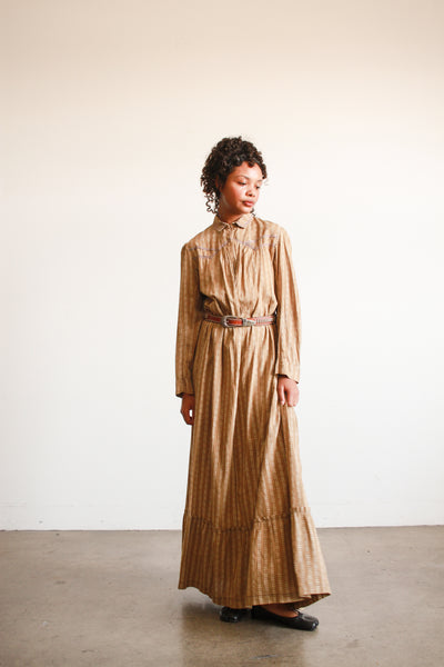 Antique Tan Calico Cotton Farm Dress