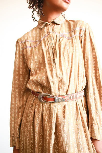 Antique Tan Calico Cotton Farm Dress