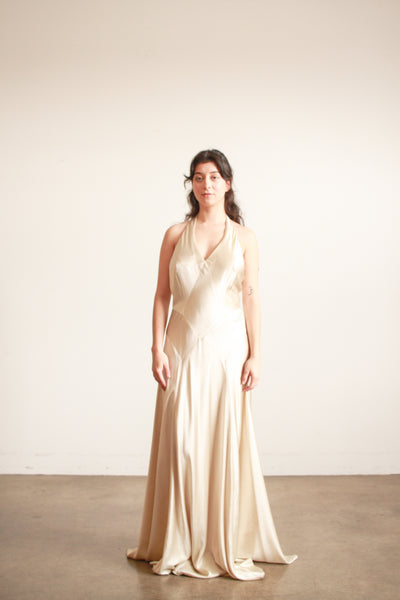 1990s Stone Silk Satin Bias Halter Gown