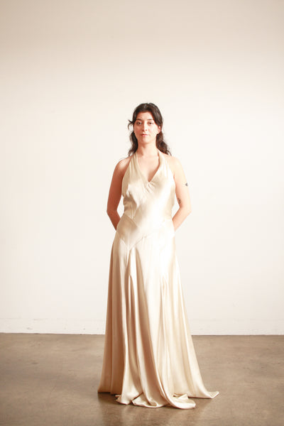 1990s Stone Silk Satin Bias Halter Gown