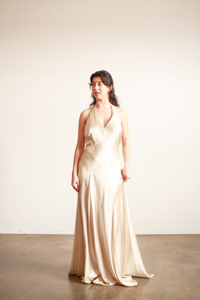 1990s Stone Silk Satin Bias Halter Gown