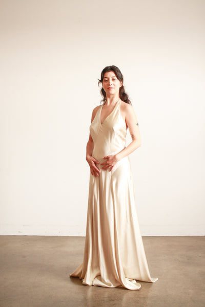 1990s Stone Silk Satin Bias Halter Gown