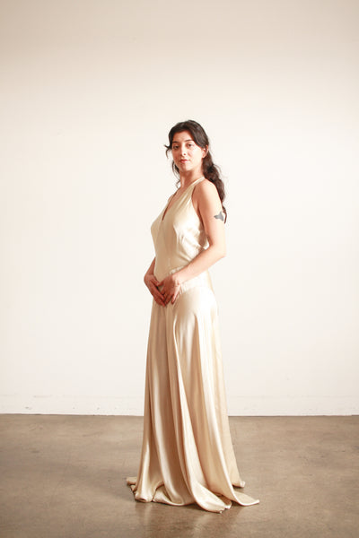 1990s Stone Silk Satin Bias Halter Gown