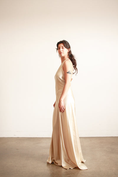 1990s Stone Silk Satin Bias Halter Gown