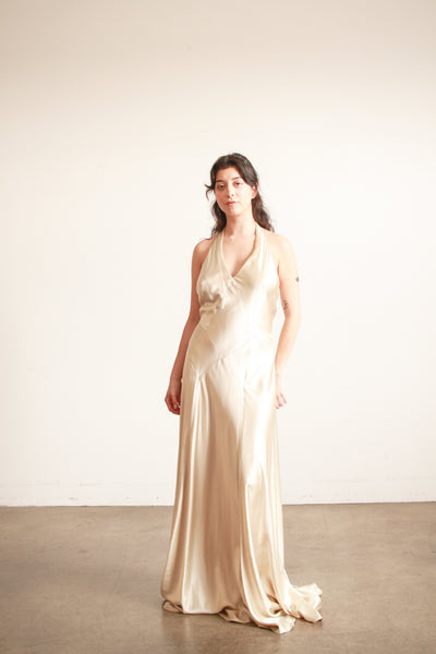 1990s Stone Silk Satin Bias Halter Gown