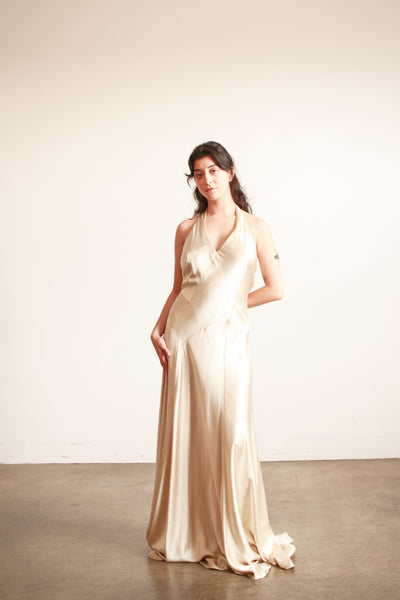 1990s Stone Silk Satin Bias Halter Gown