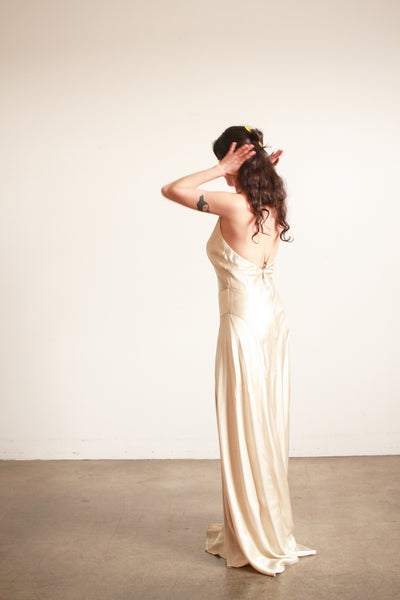 1990s Stone Silk Satin Bias Halter Gown