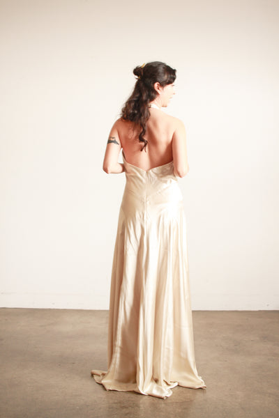 1990s Stone Silk Satin Bias Halter Gown