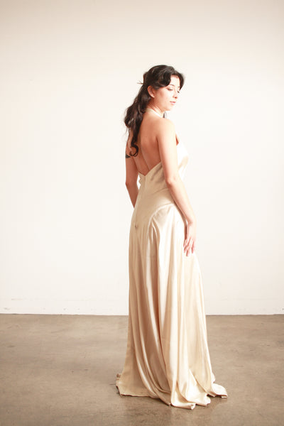 1990s Stone Silk Satin Bias Halter Gown