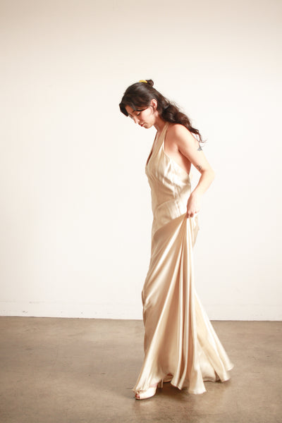1990s Stone Silk Satin Bias Halter Gown