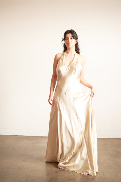 1990s Stone Silk Satin Bias Halter Gown