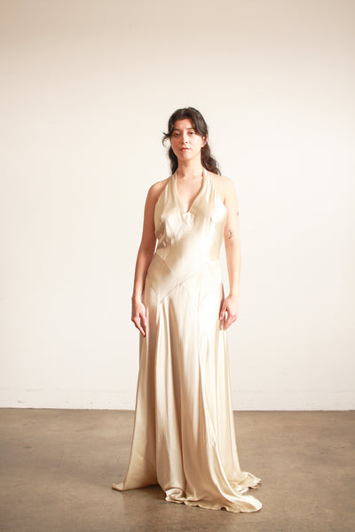 1990s Stone Silk Satin Bias Halter Gown